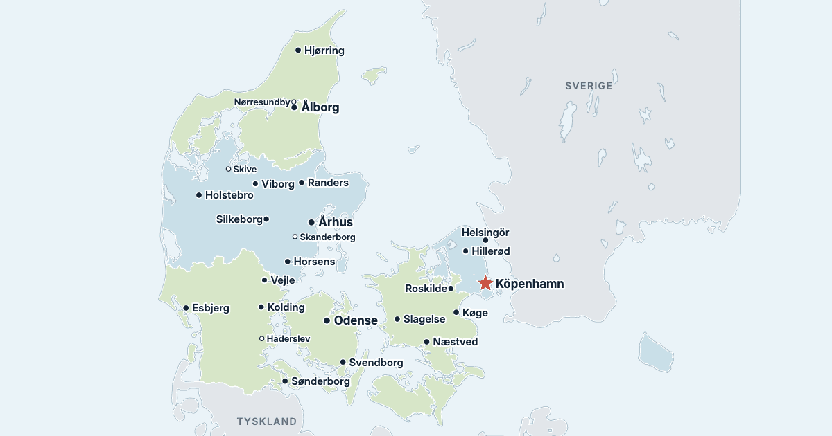 Danmarkskarta med de största städerna