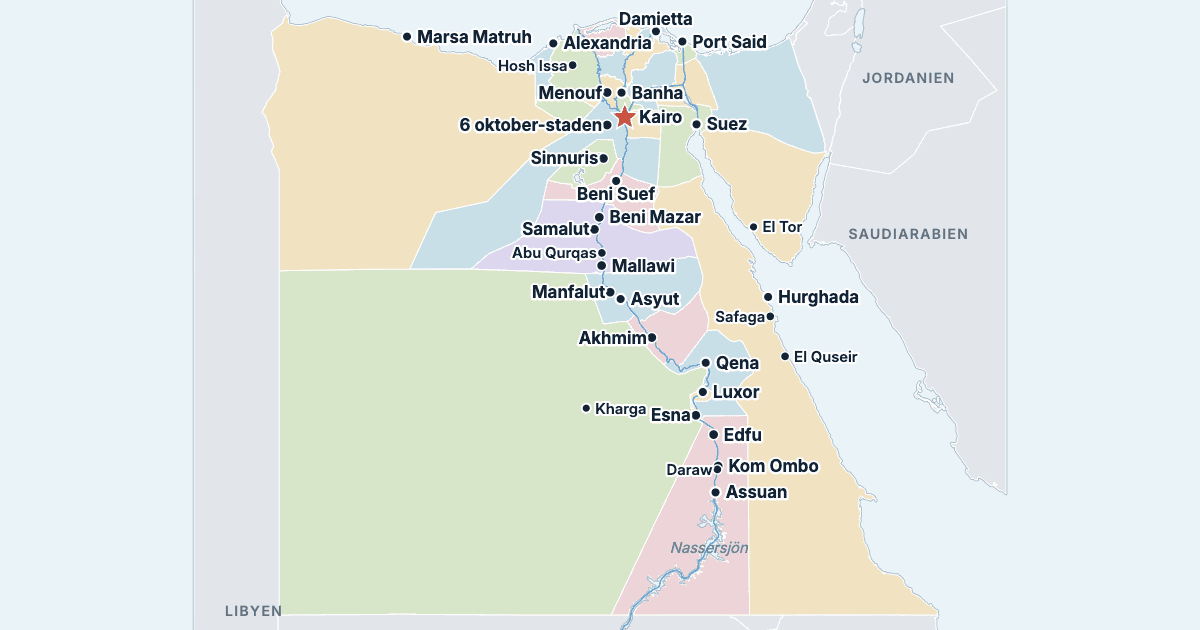 Karta över Egypten med de största städerna
