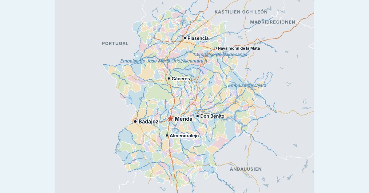 Karta över Extremadura med de största städerna