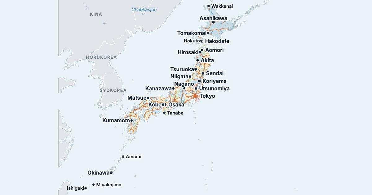Karta över Japan med de största städerna