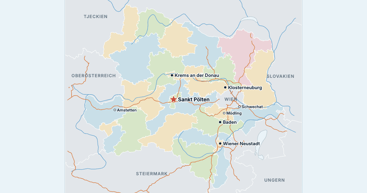 Karta över Niederösterreich med de största städerna