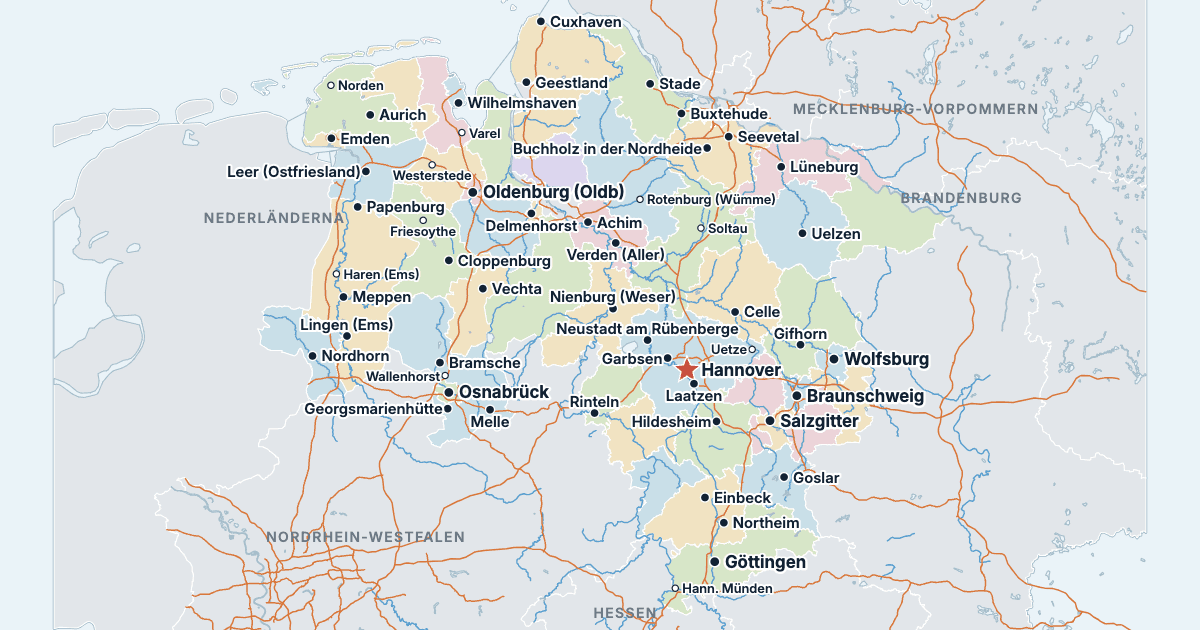 Karta över Niedersachsen med de största städerna