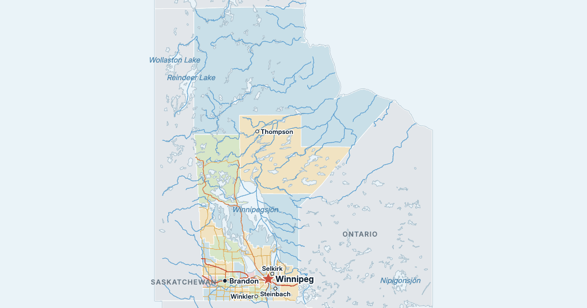Karta över Manitoba med de största städerna
