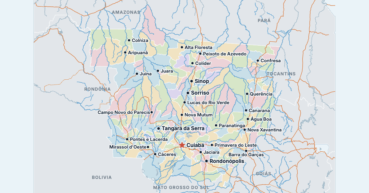 Karta över Mato Grosso med de största städerna
