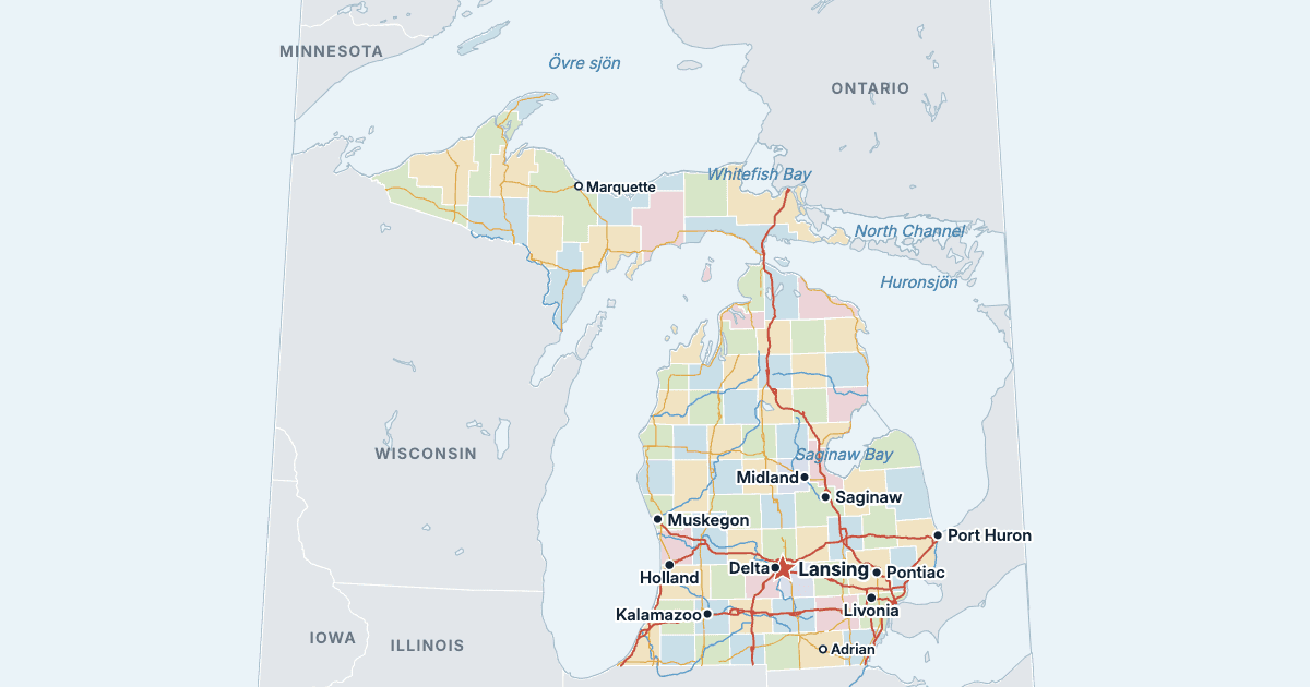 Karta över Michigan med de största städerna