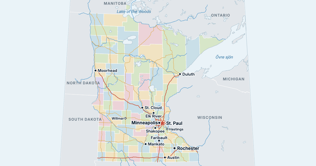 Karta över Minnesota med de största städerna