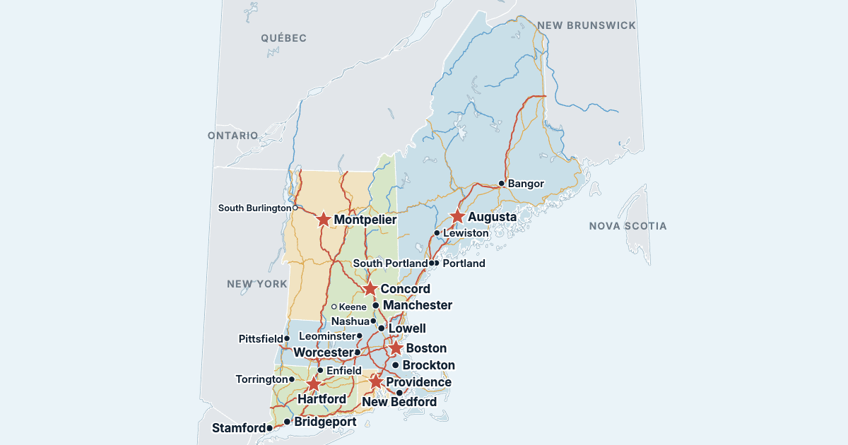 Karta över New England med delstaterna och de största städerna
