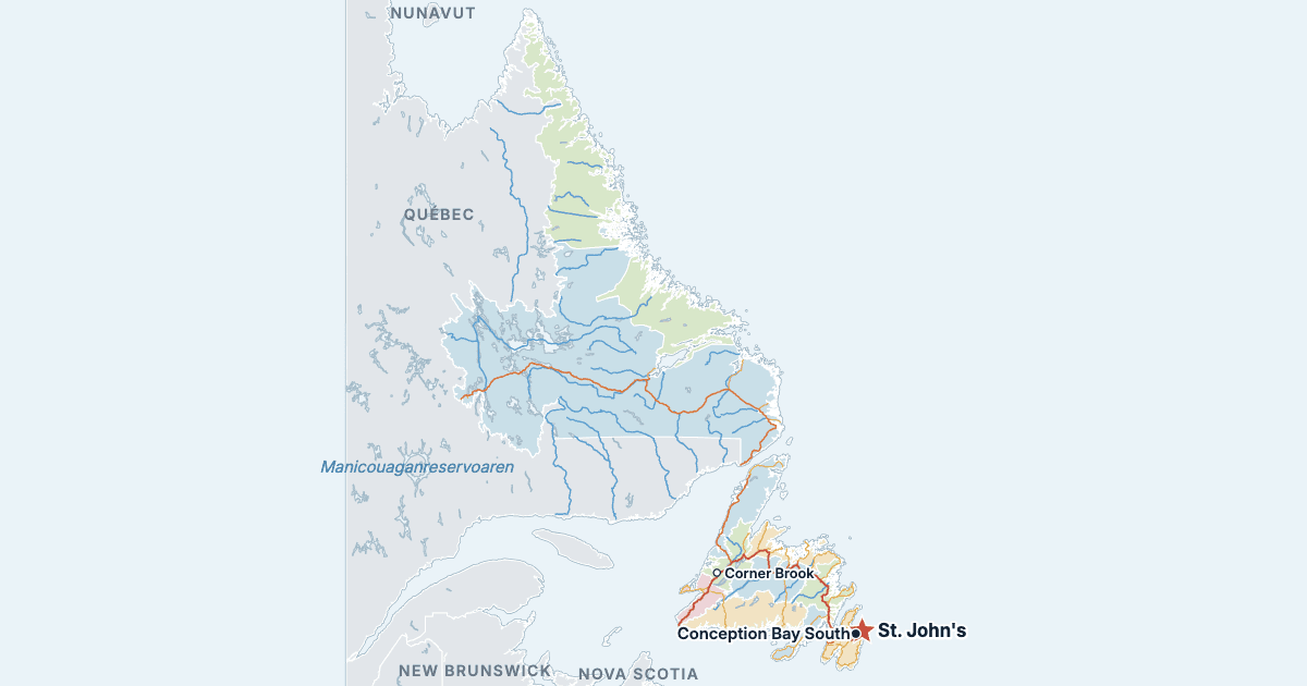 Karta över Newfoundland och Labrador med de största städerna