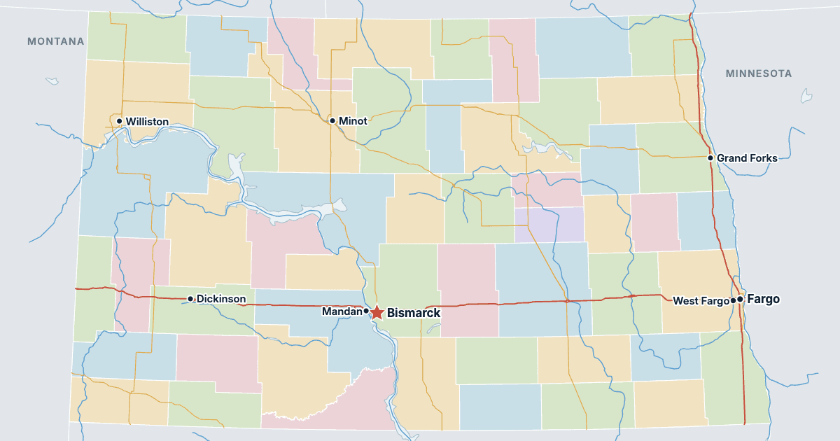 Karta över North Dakota med de största städerna