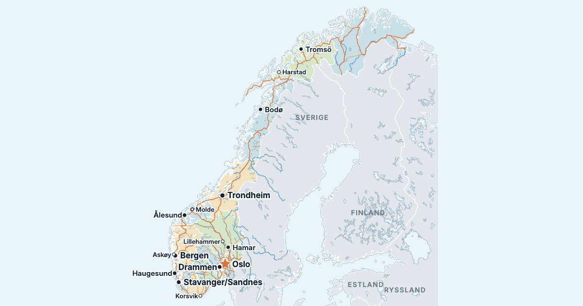 Norgekarta med de största städerna
