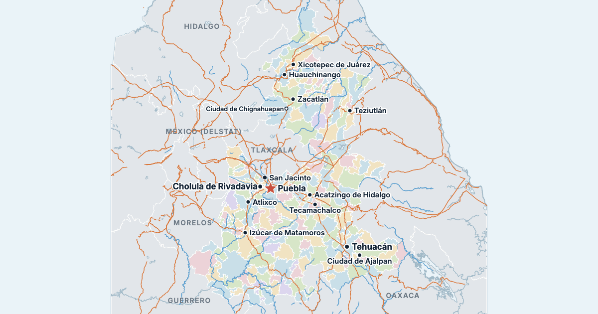 Karta över Puebla med de största städerna