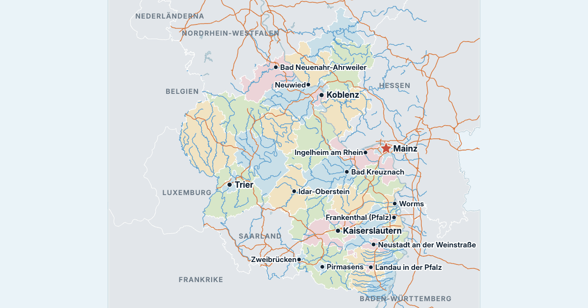 Karta över Rheinland-Pfalz med de största städerna