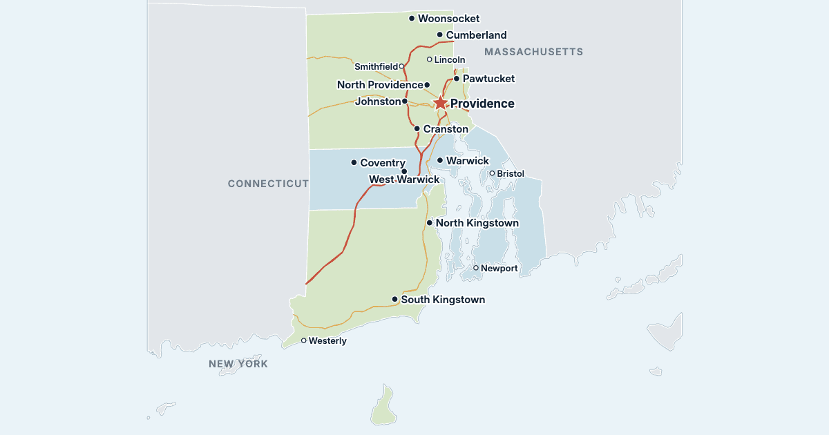 Karta över Rhode Island med de största städerna