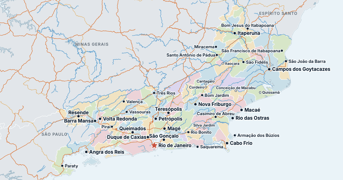 Karta över delstaten Rio de Janeiro med de största städerna