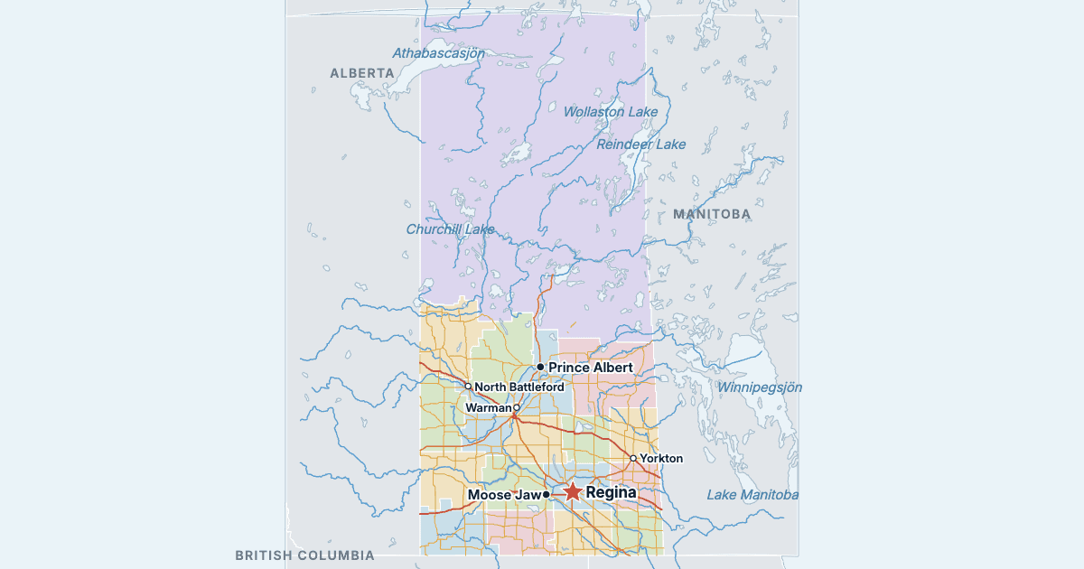 Karta över Saskatchewan med de största städerna