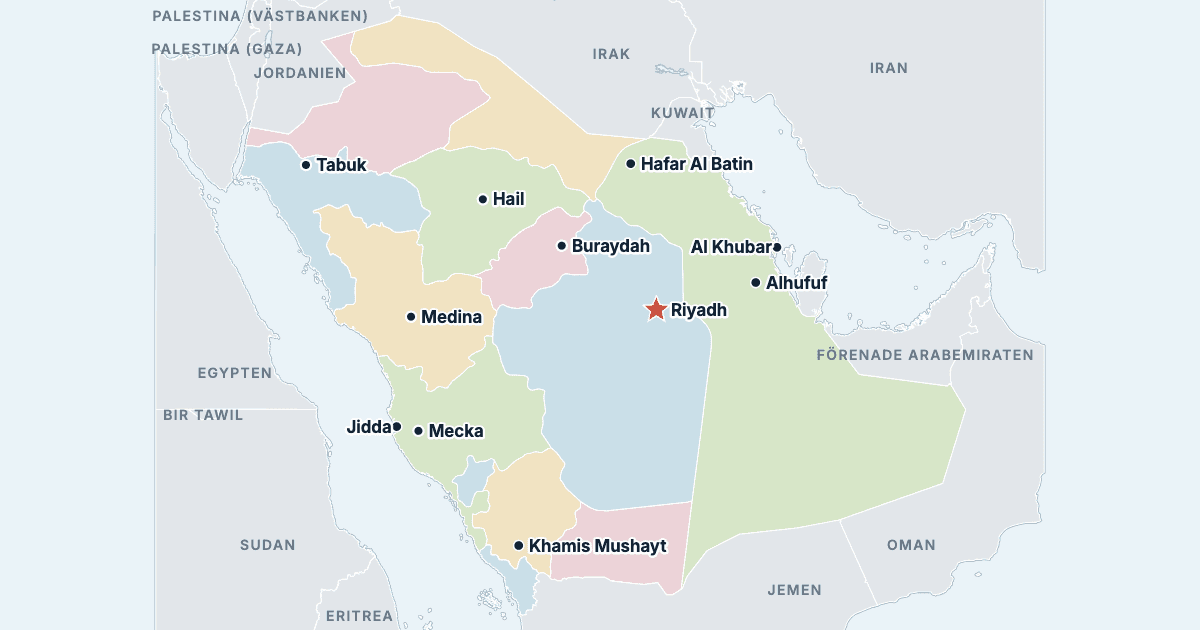 Karta över Saudiarabien med de största städerna