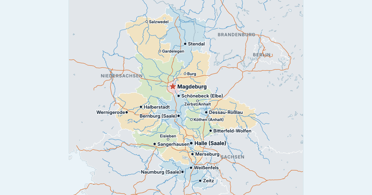 Karta över Sachsen-Anhalt med de största städerna
