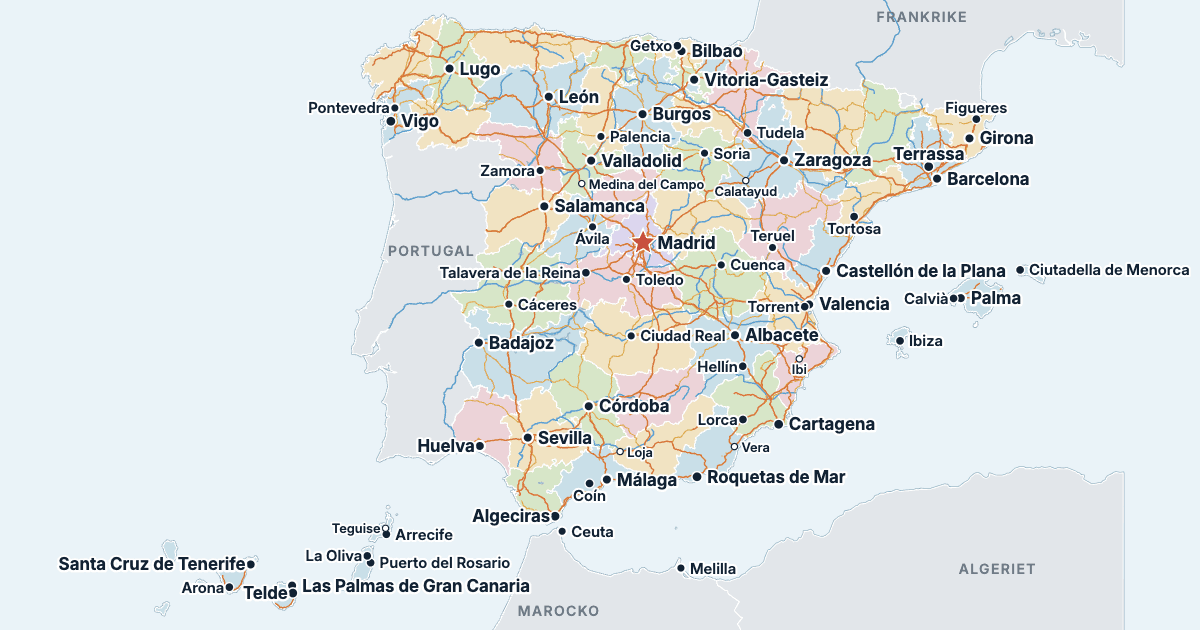 Karta över Spanien med de största städerna