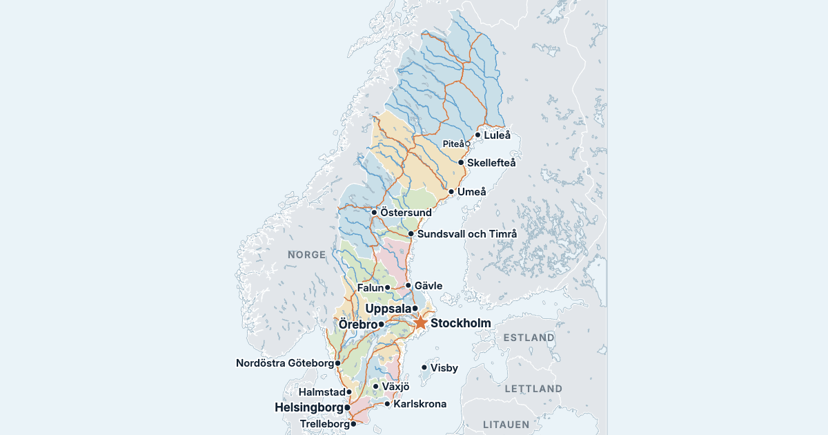 Sverigekarta med de största städerna