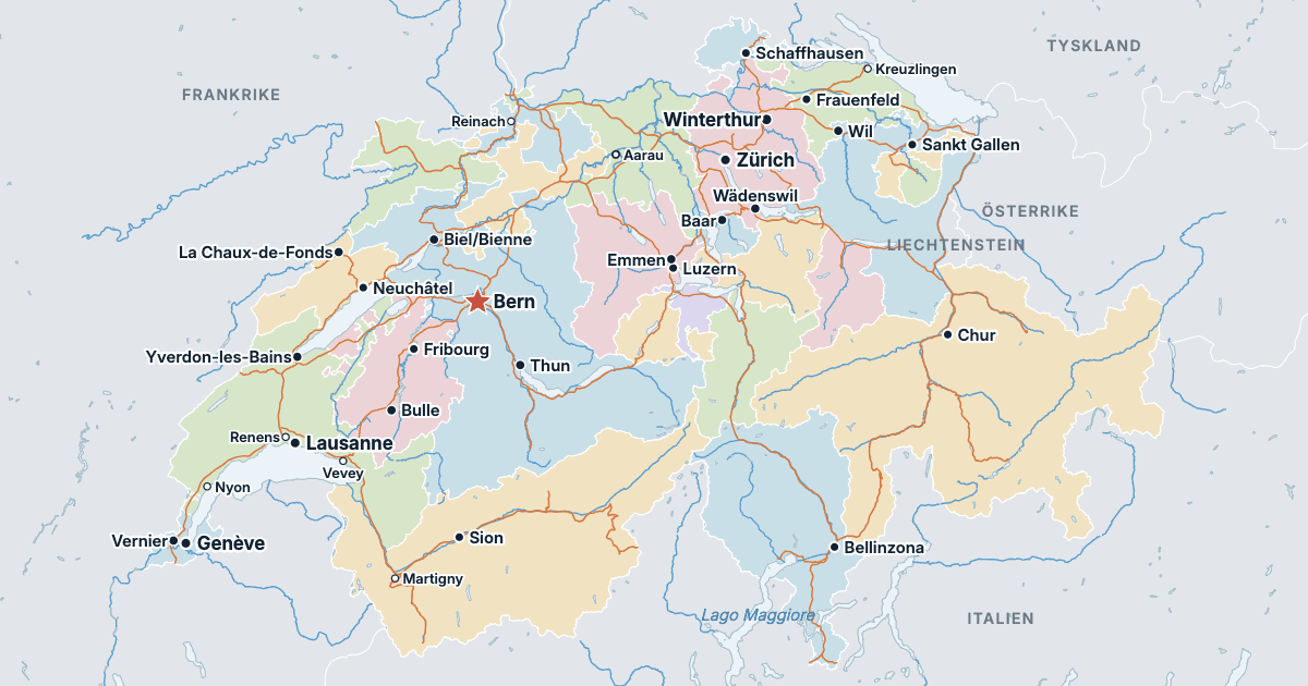 Karta över Schweiz med de största städerna