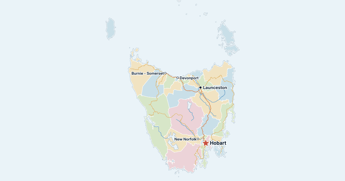 Karta över Tasmanien med de största städerna