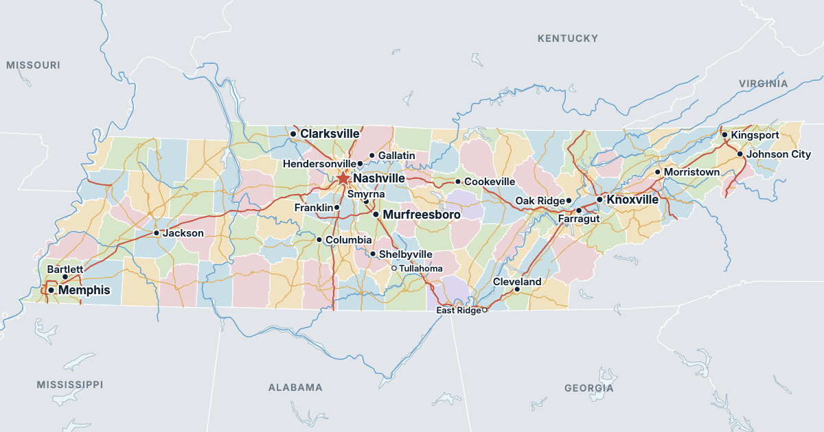 Karta över Tennessee med de största städerna