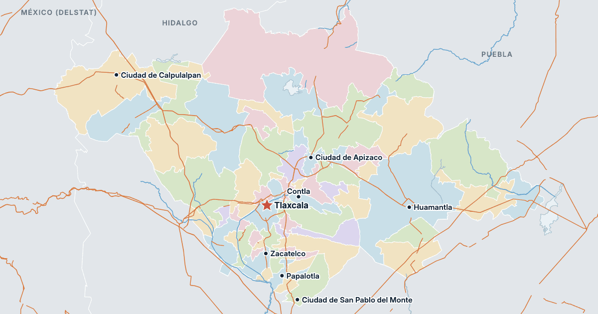 Karta över Tlaxcala med de största städerna