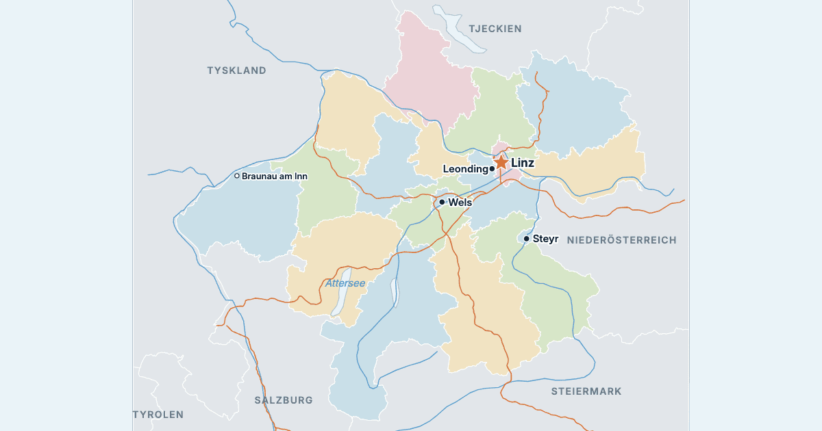 Karta över Oberösterreich med de största städerna