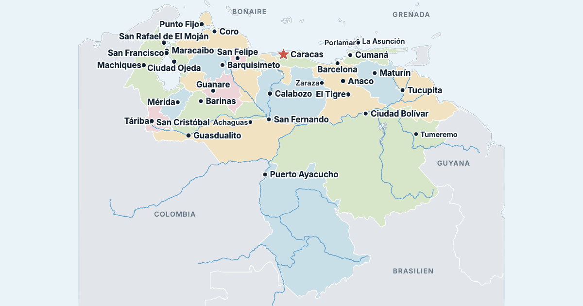 Karta över Venezuela med de största städerna