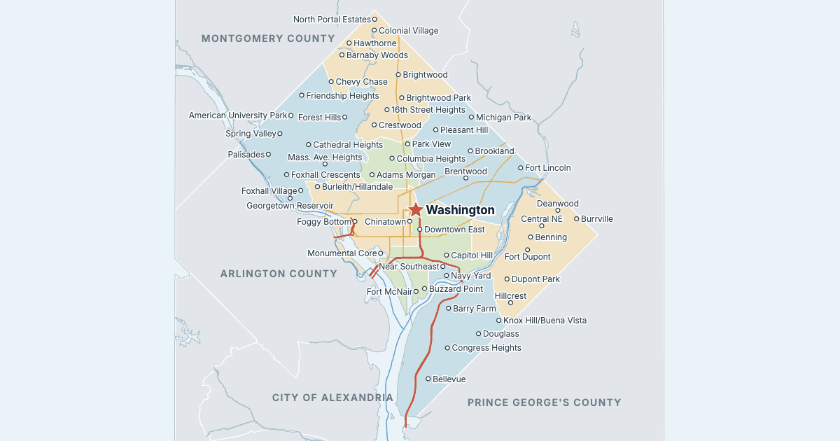 Karta över Washington, D.C. med de största städerna
