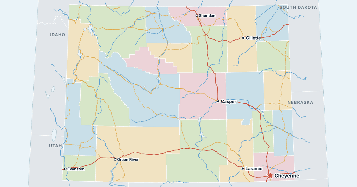 Karta över Wyoming med de största städerna