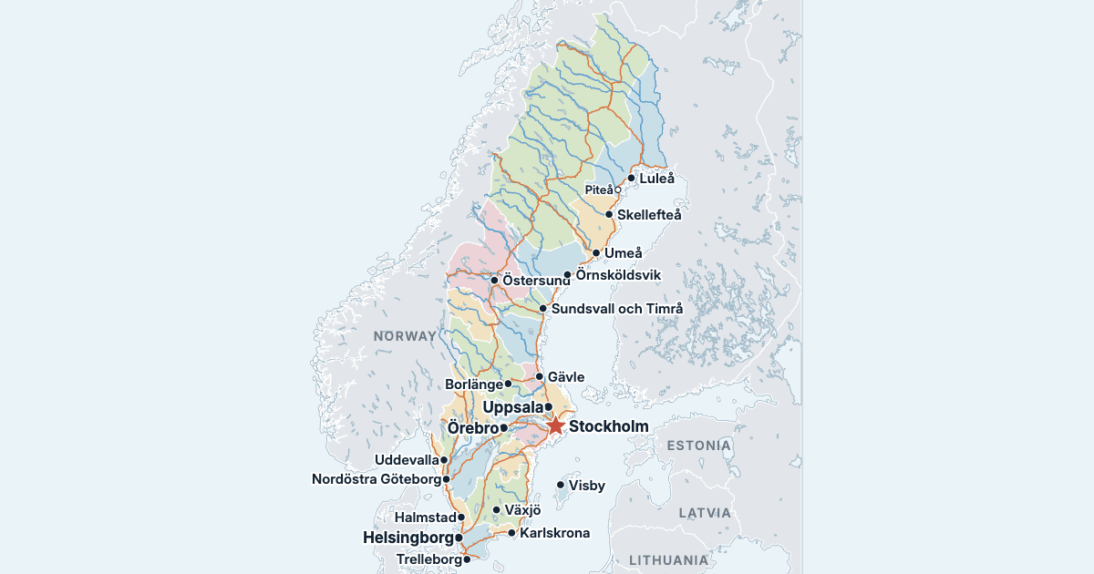 Map of Sweden's Provinces with the largest cities