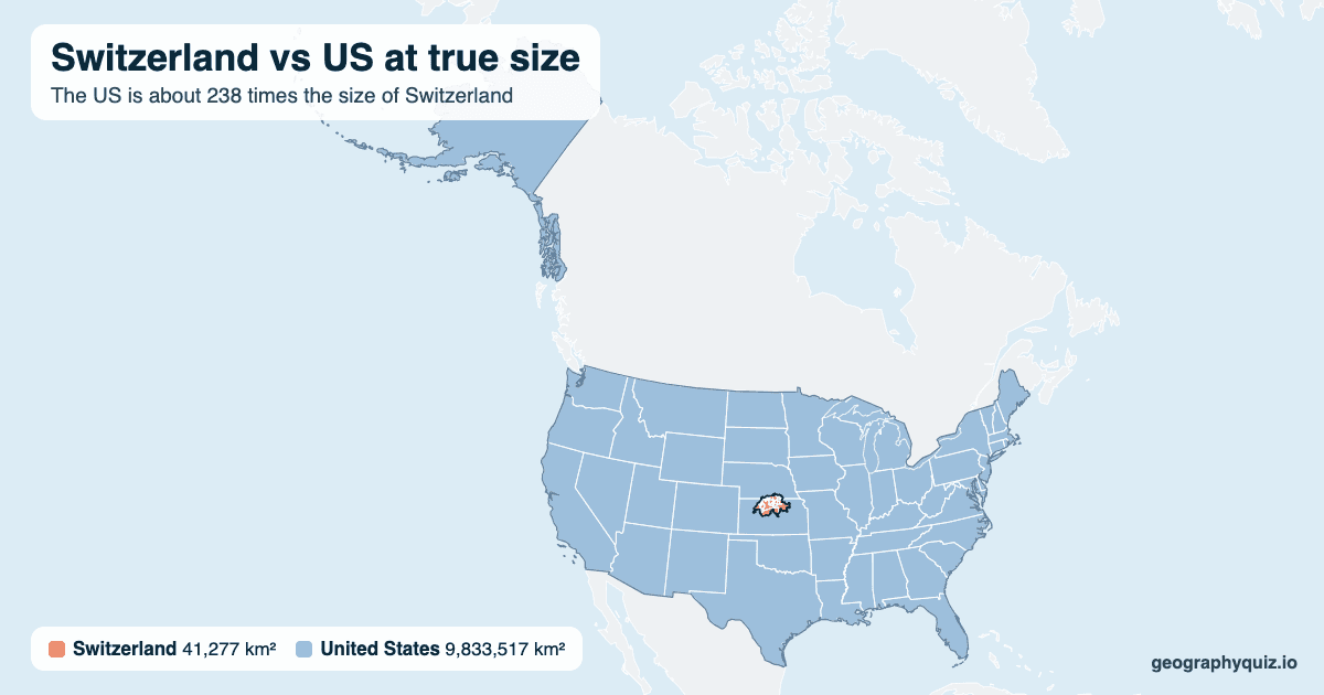 Switzerland vs US size comparison map: Switzerland laid over the US at true size. The US is about 238 times the size of Switzerland.
