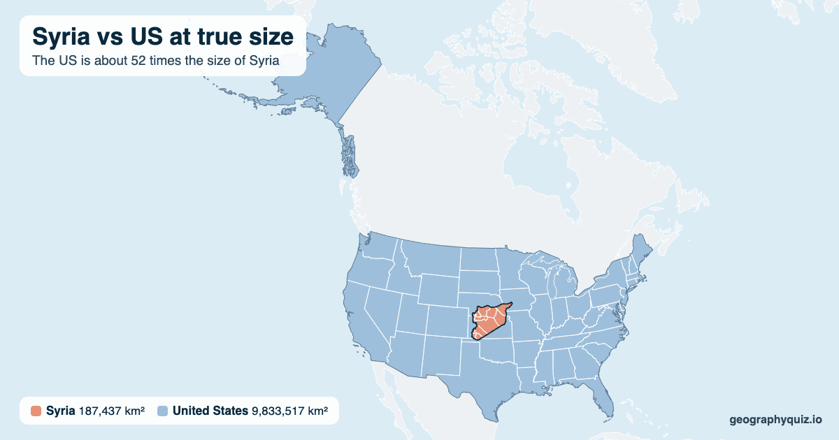 Syria vs US size comparison map: Syria laid over the US at true size. The US is about 52 times the size of Syria.