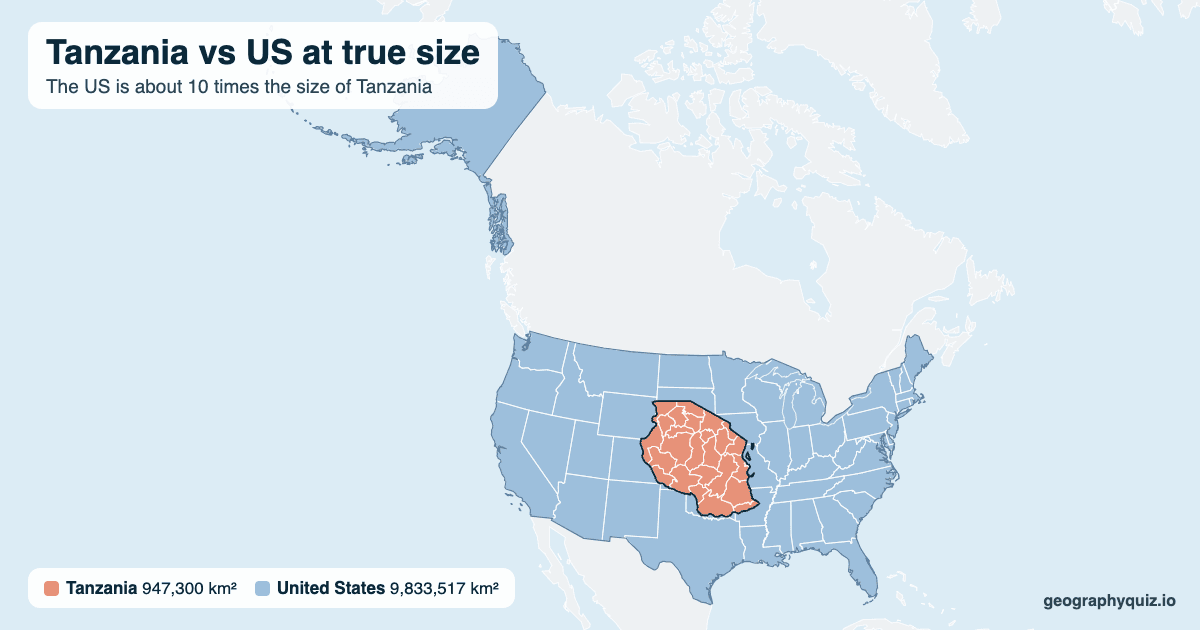 Tanzania vs US size comparison map: Tanzania laid over the US at true size. The US is about 10 times the size of Tanzania.