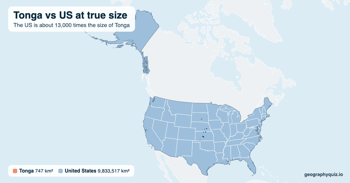 Tonga vs US size comparison map: Tonga laid over the US at true size. The US is about 13,000 times the size of Tonga.