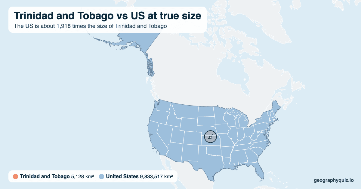 Trinidad and Tobago vs US size comparison map: Trinidad and Tobago laid over the US at true size. The US is about 1,918 times the size of Trinidad and Tobago.