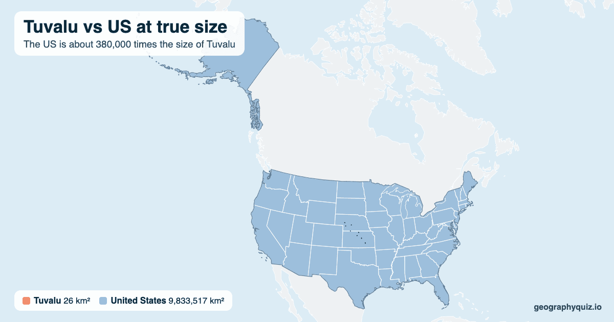 Tuvalu vs US size comparison map: Tuvalu laid over the US at true size. The US is about 380,000 times the size of Tuvalu.