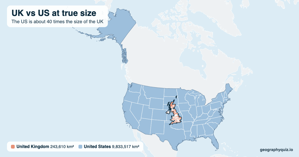 UK vs US size comparison map: the UK laid over the US at true size. The US is about 40 times the size of the UK.