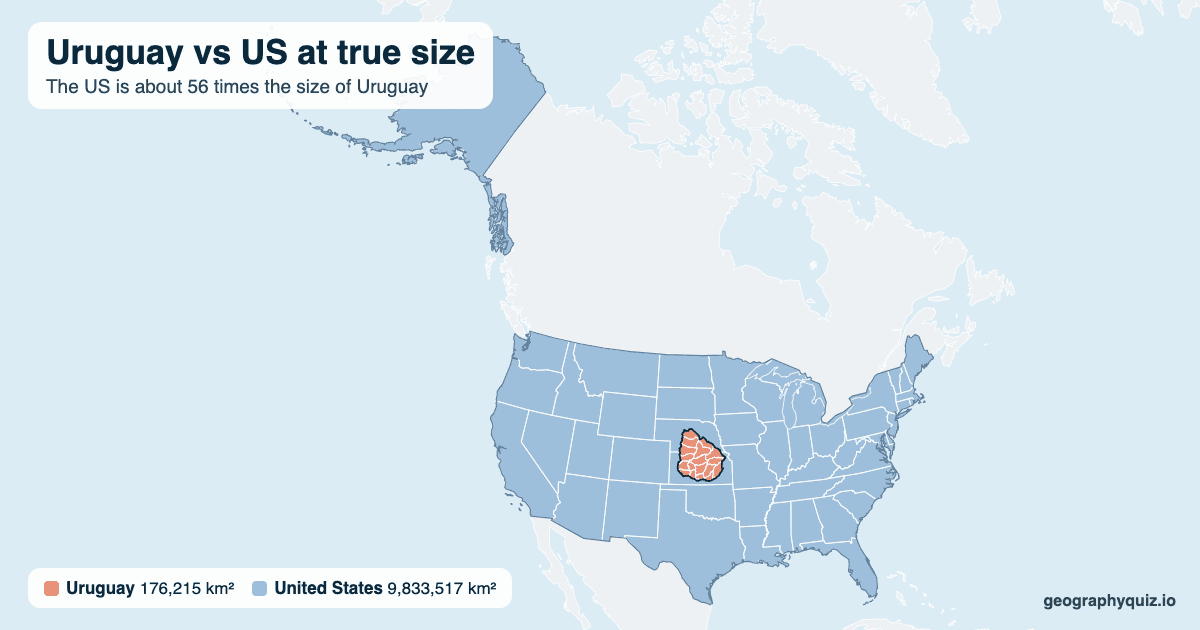 Uruguay vs US size comparison map: Uruguay laid over the US at true size. The US is about 56 times the size of Uruguay.