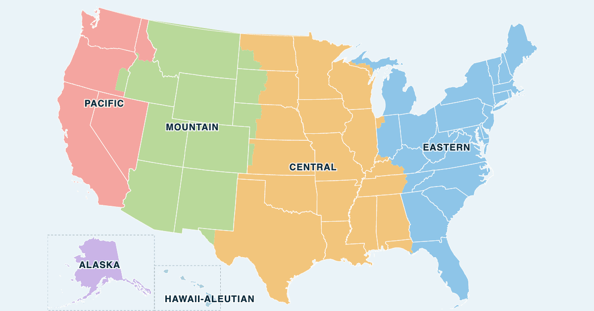 US time zone map: Eastern, Central, Mountain, Pacific, Alaska and Hawaii-Aleutian time zones with state borders