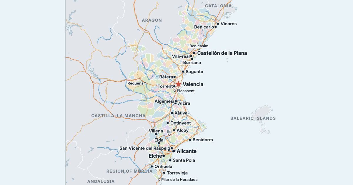 Map of the Valencian Community with its largest cities