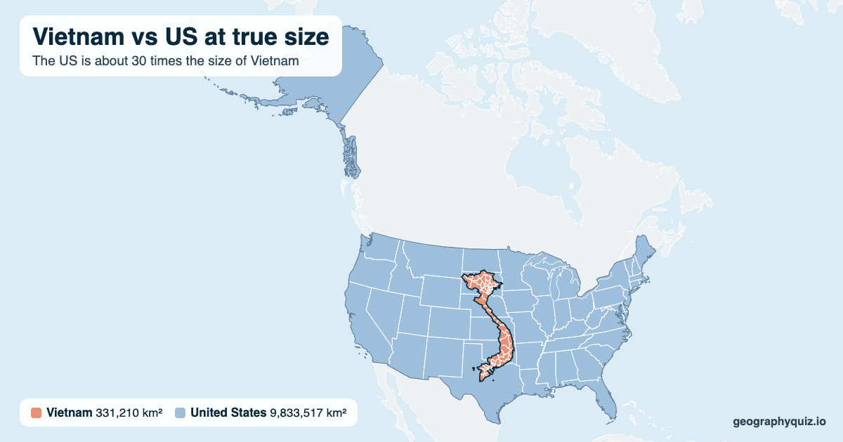 Vietnam vs US size comparison map: Vietnam laid over the US at true size. The US is about 30 times the size of Vietnam.