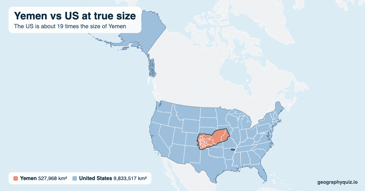 Yemen vs US size comparison map: Yemen laid over the US at true size. The US is about 19 times the size of Yemen.