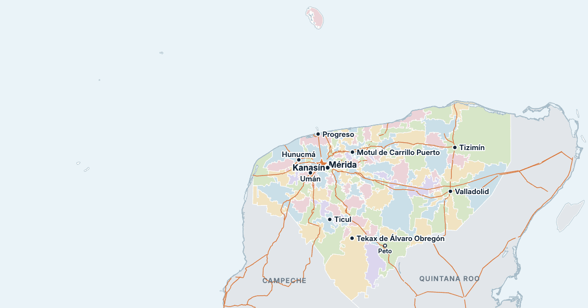 Map of Yucatán with its largest cities