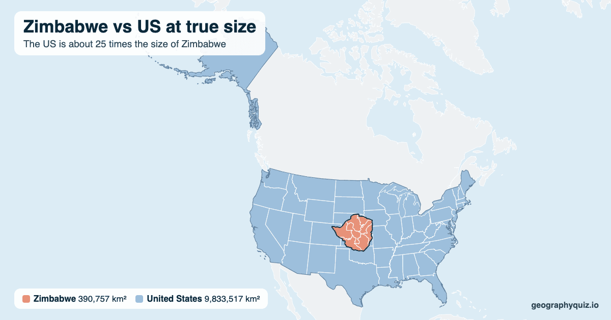 Zimbabwe vs US size comparison map: Zimbabwe laid over the US at true size. The US is about 25 times the size of Zimbabwe.