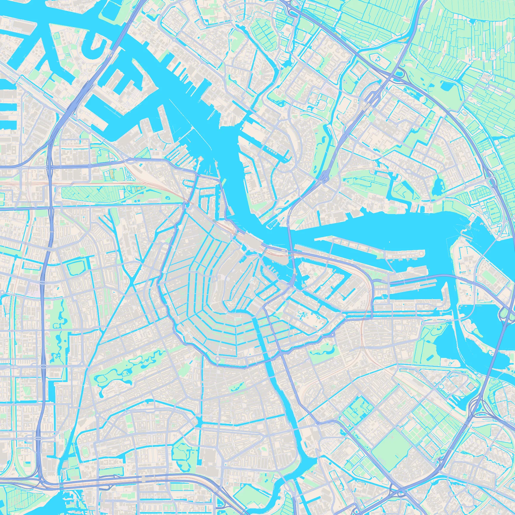 Unlabeled street map of Amsterdam, Netherlands
