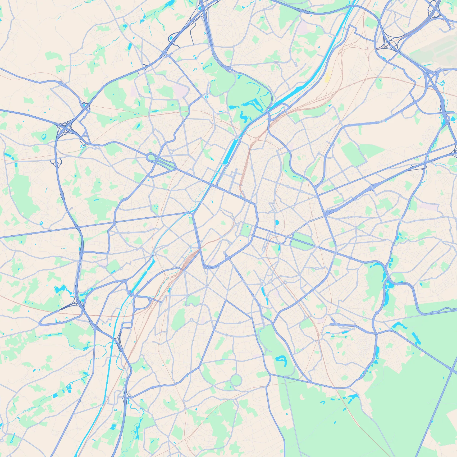 Unlabeled street map of Brussels, Belgium