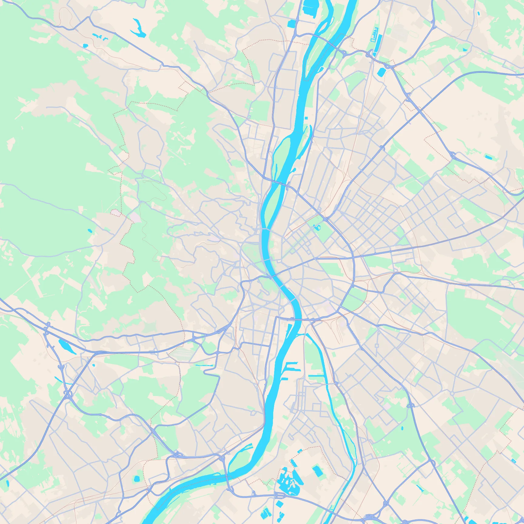 Unlabeled street map of Budapest, Hungary