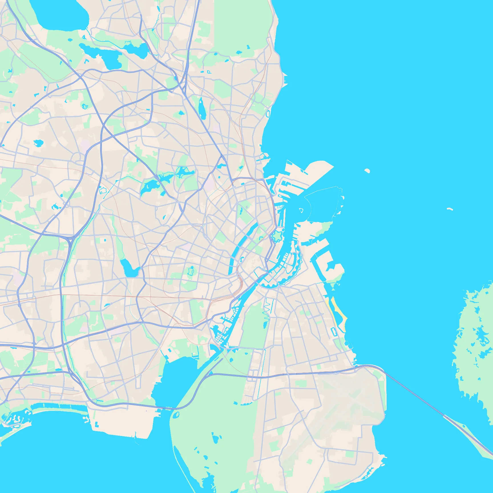 Unlabeled street map of Copenhagen, Denmark